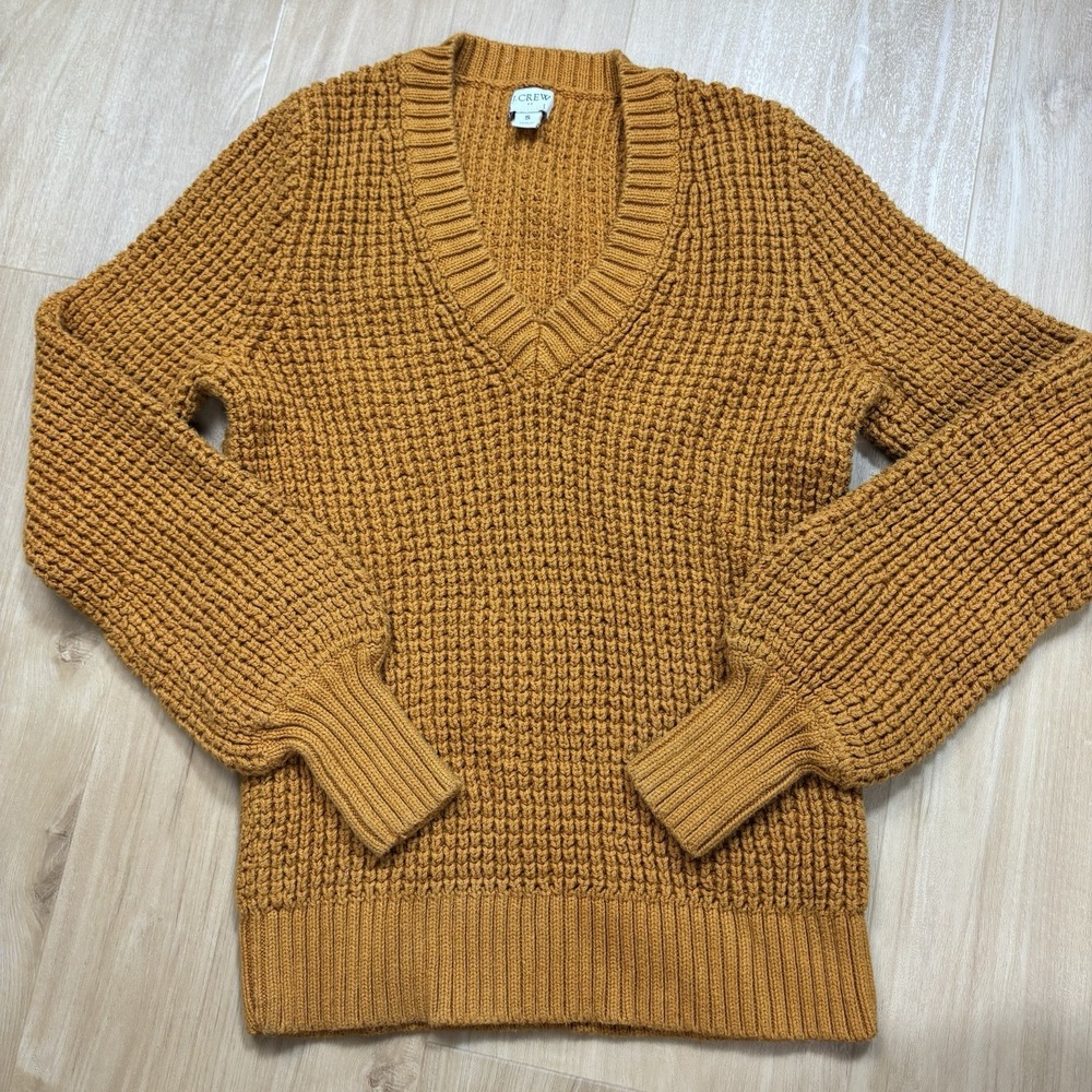 J.Crew Pullover Sweater Womens Small Mustard Orange Crochet Waffle Knit Cotton